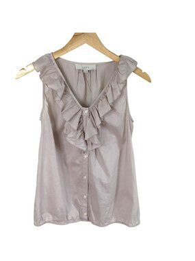 LOFT XS Champagne Cotton Ruffle V-Neck Sleeveless Button-Front Blouse Coquette